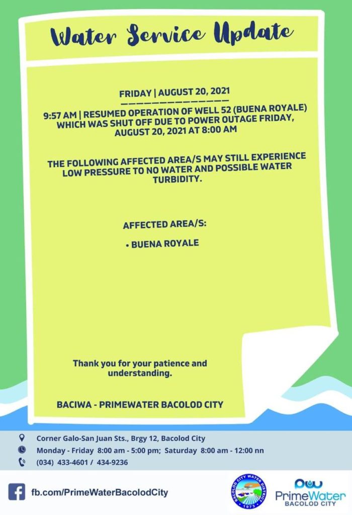 BACIWA-PrimeWater Bacolod City Water Service Updates– August 20, 2021