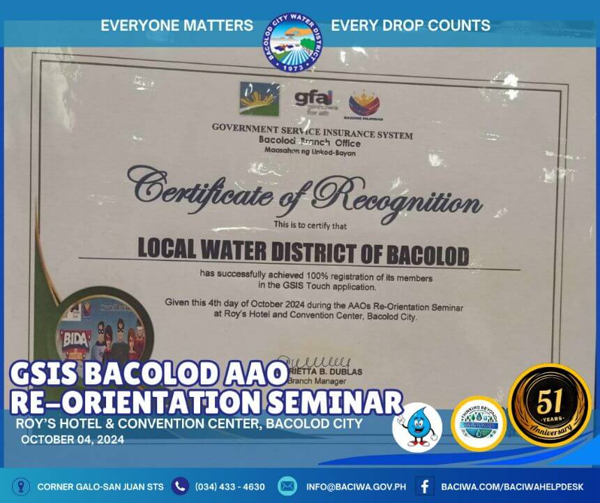 BACIWA Received Certificate of Recognition from GSIS.