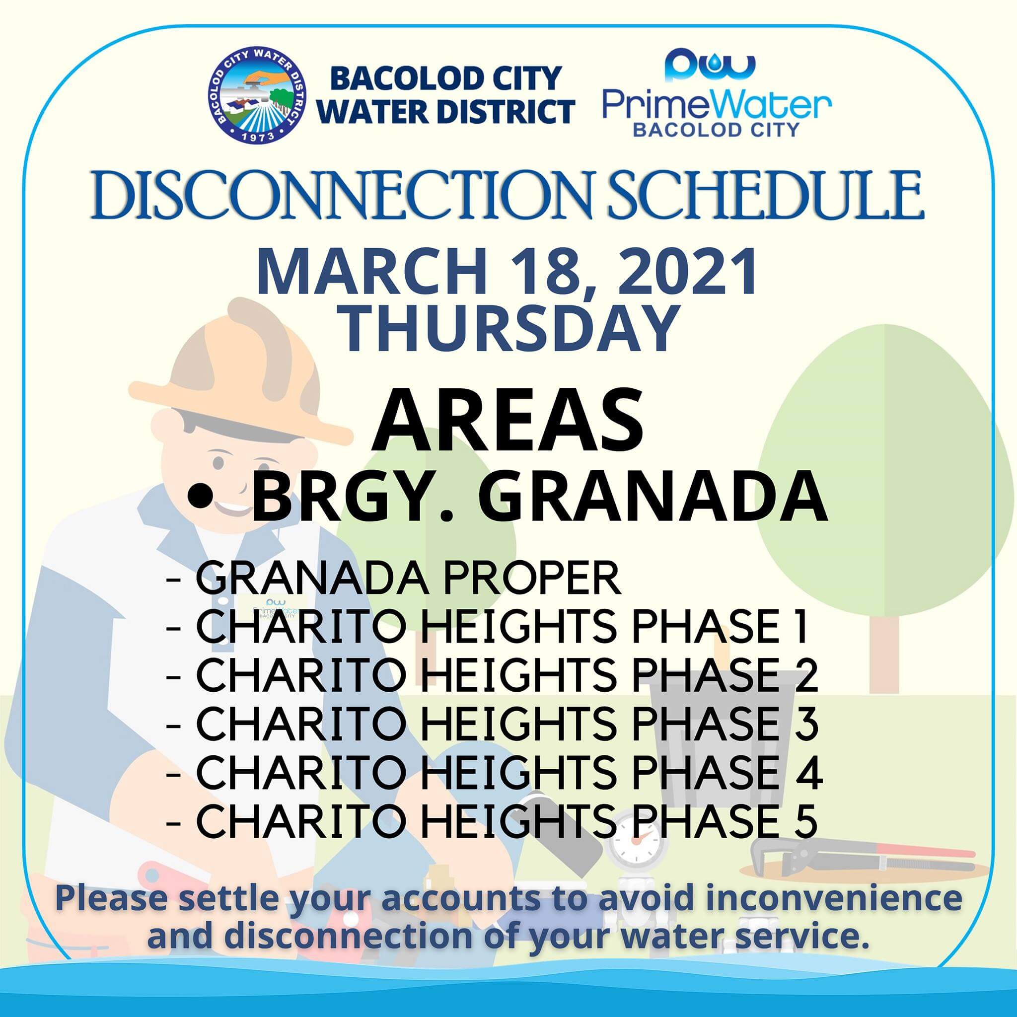 Baciwa Primewater Bacolod City Disconnection Schedule On March 18 2021