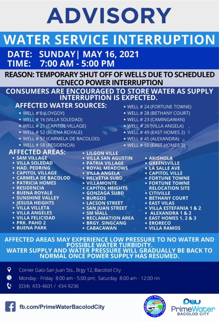 BACIWA-PrimeWater Bacolod City Disconnection Schedule on May 16, 2021