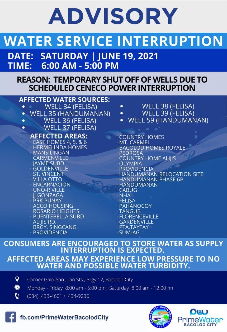 Baciwa Primewater Bacolod City Water Interruption Advisory June 19