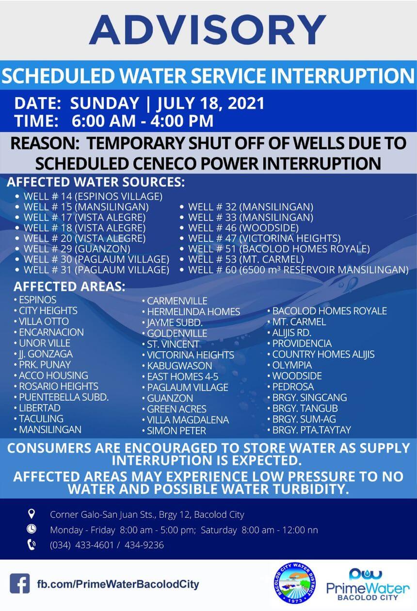 Baciwa Primewater Bacolod City Water Interruption Advisory July 18