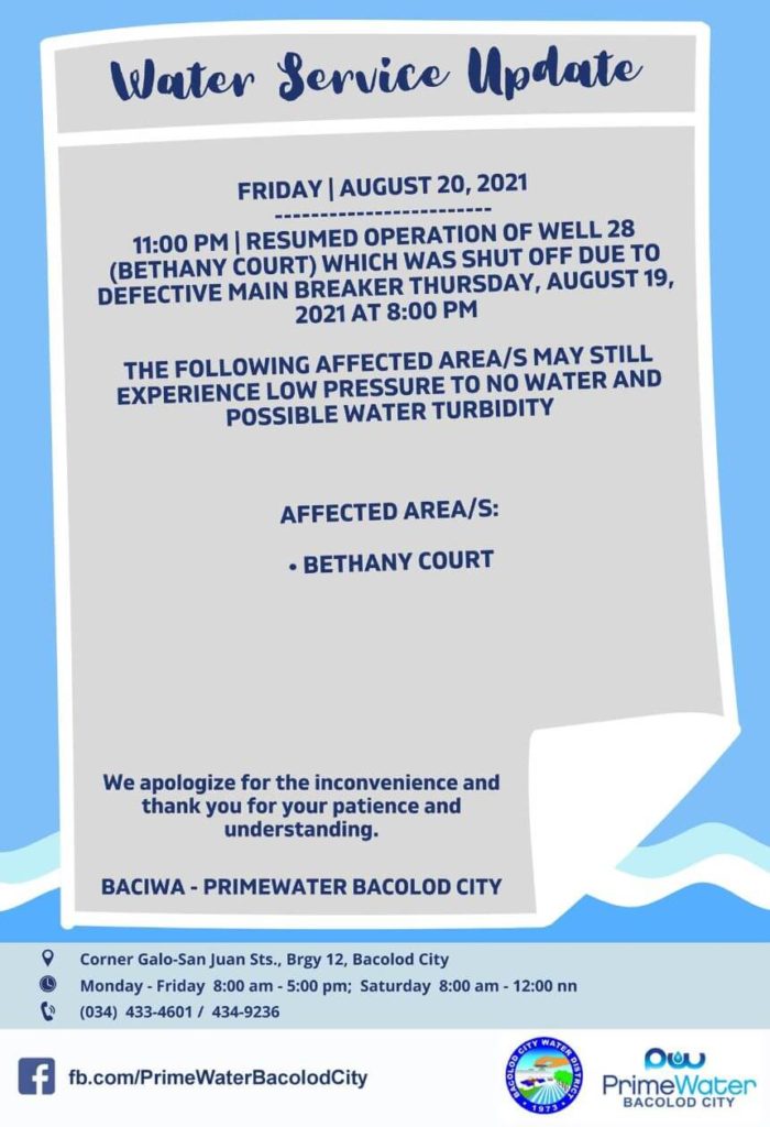 BACIWA-PrimeWater Bacolod City Water Service Updates– August 20, 2021