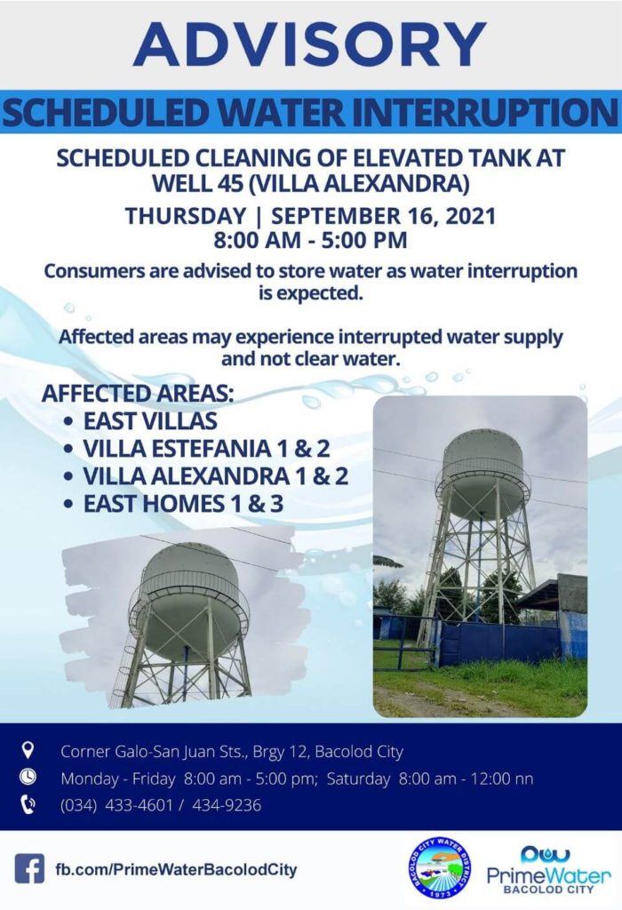 BACIWA-PrimeWater Bacolod City SCHEDULED WATER INTERRUPTION – September 16, 2021