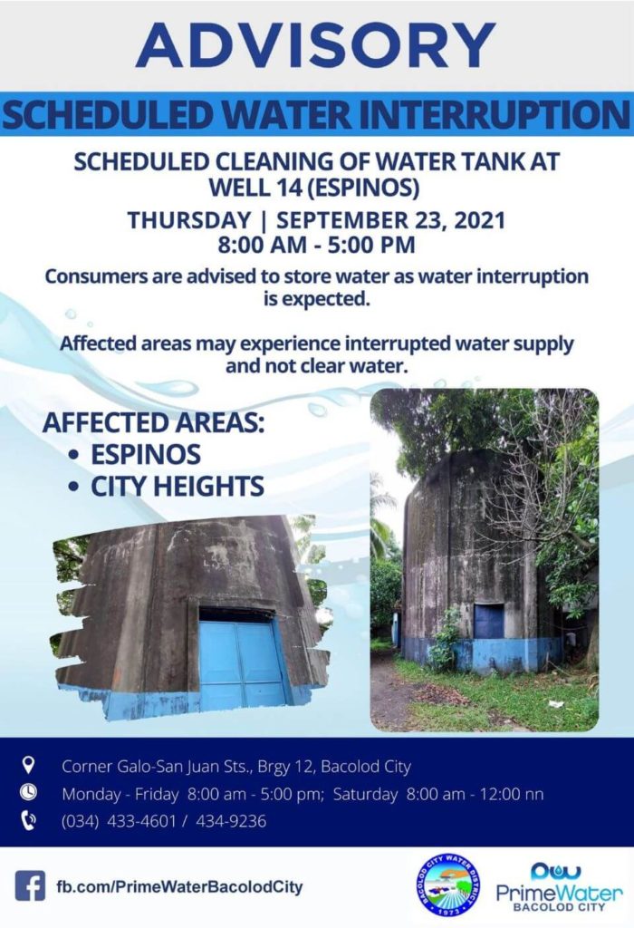 BACIWA-PrimeWater Bacolod City SCHEDULED WATER INTERRUPTION – September 23, 2021