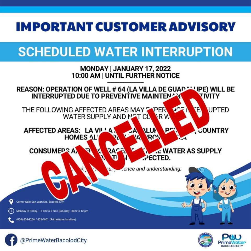 Baciwa Primewater Bacolod City Disconnection Schedule On January 17 21