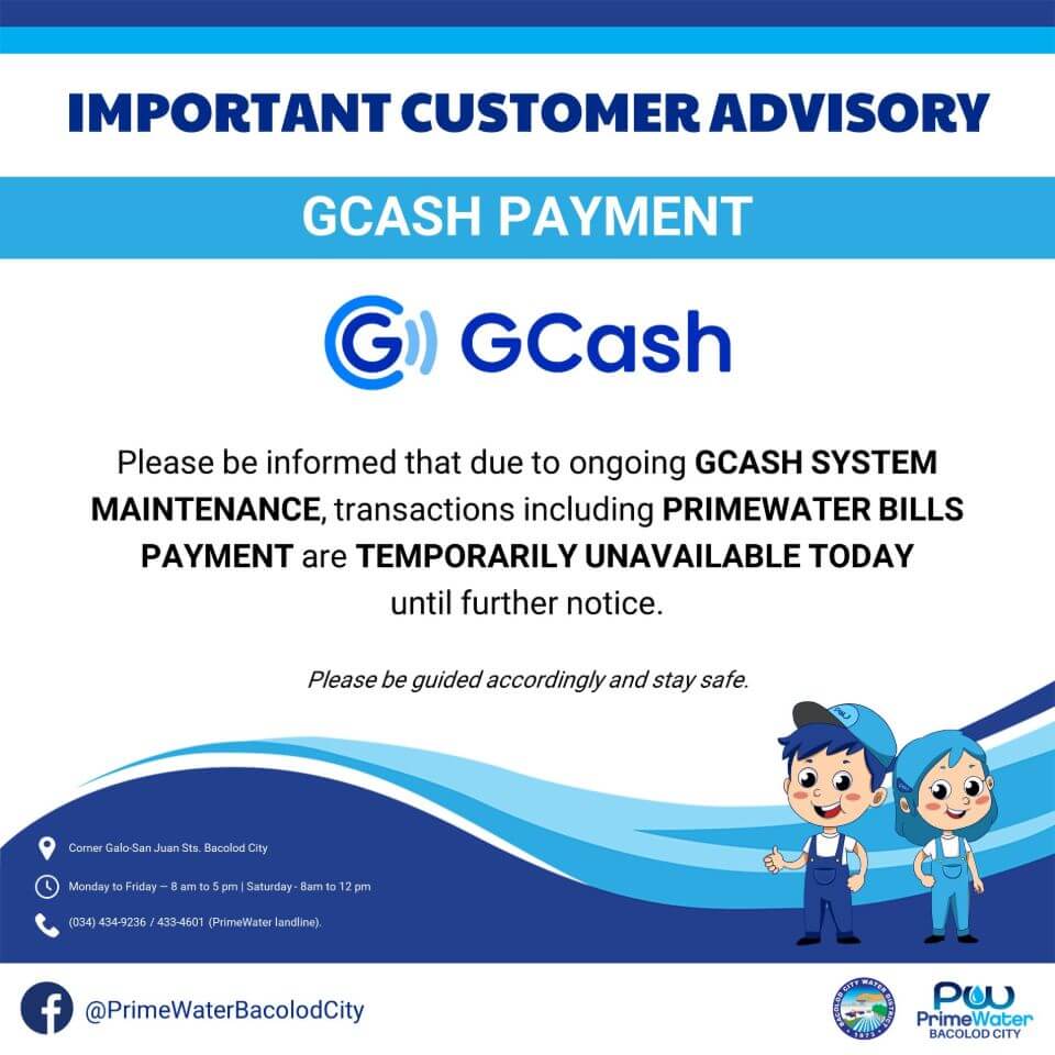 BACIWAPrimeWater Bacolod City Advisory GCash System Maintenance
