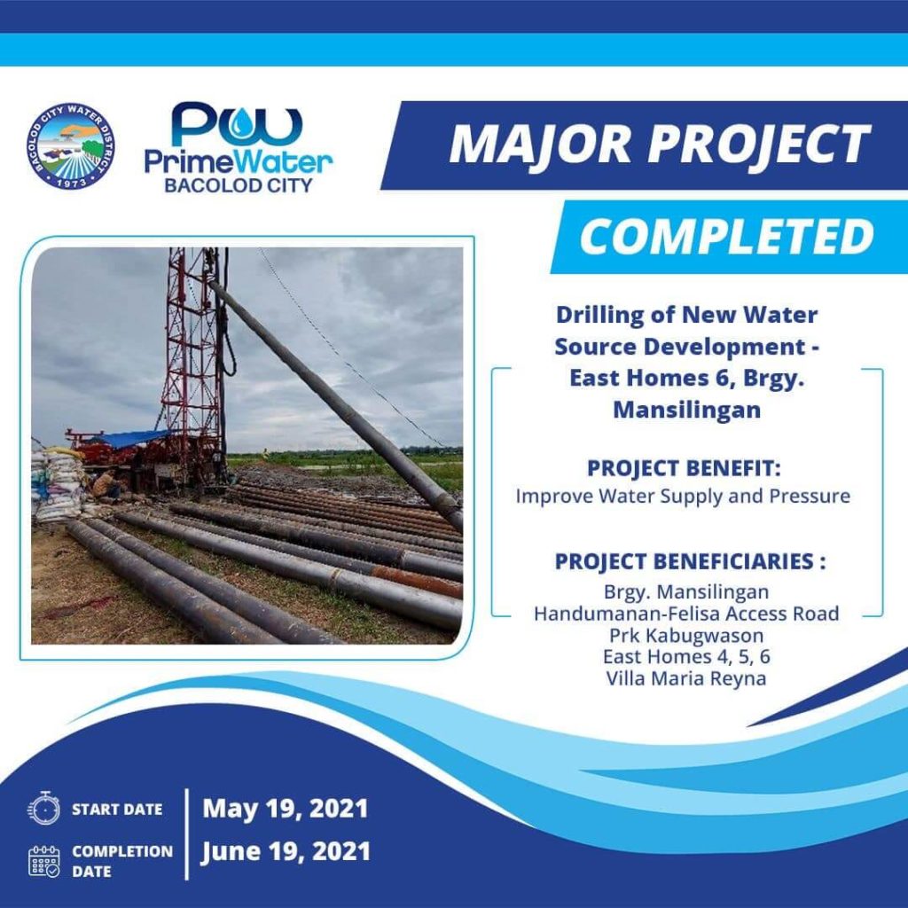 BACIWA-PrimeWater Bacolod: Major Project (Completed) - drilling of new Water Source Development at East Homes 6, Brgy. Mansilingan