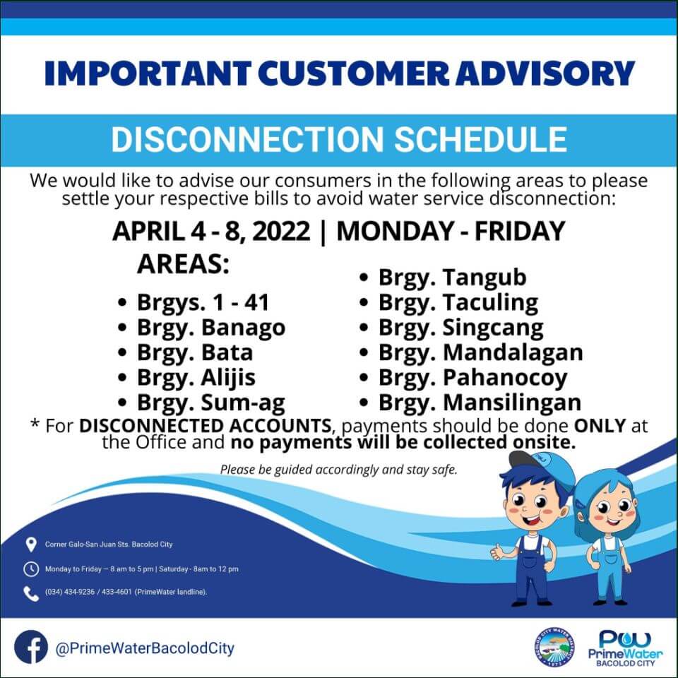 Baciwa Primewater Bacolod City Disconnection Schedule On April 4 8