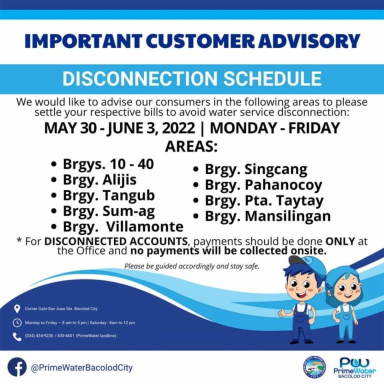 BACIWA-PrimeWater Bacolod City Disconnection Schedule on May 30-June 3, 2022