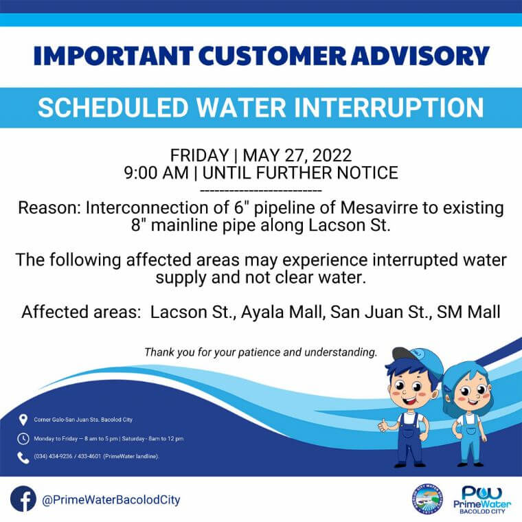 BACIWA-PrimeWater Bacolod City Scheduled Water Interruption – May 27, 2022