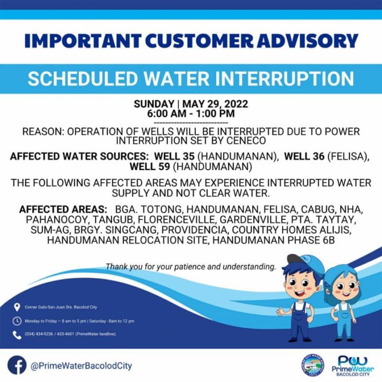 BACIWA-PrimeWater Bacolod City Scheduled Water Interruption – May 29, 2022