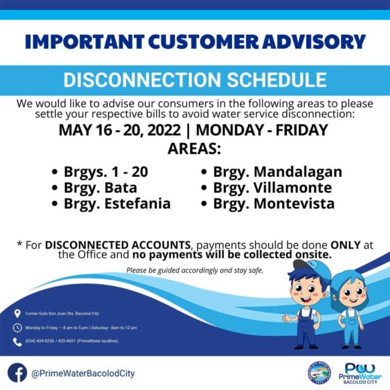 BACIWA-PrimeWater Bacolod City Disconnection Schedule on May 16-20, 2022