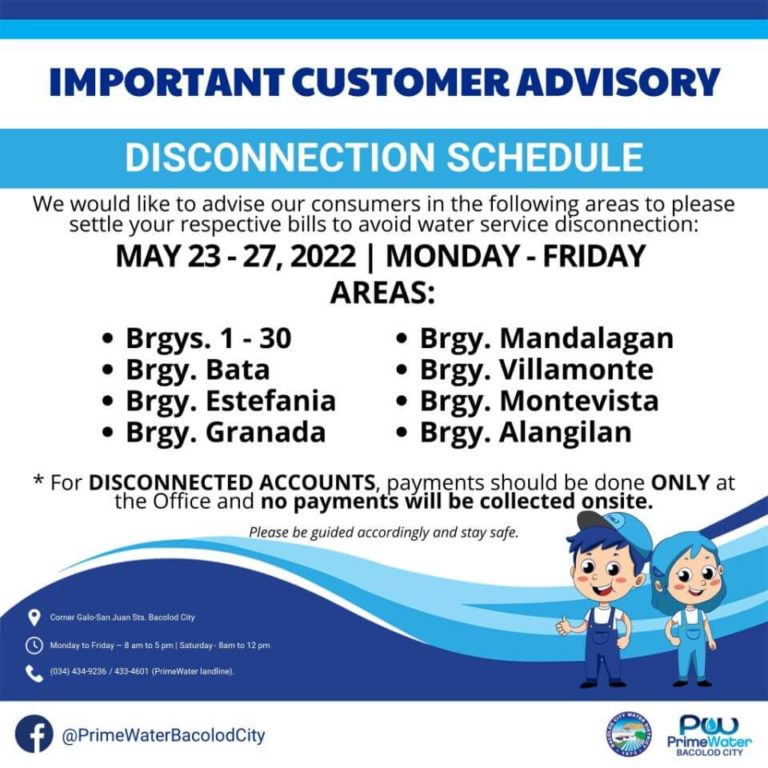 BACIWA-PrimeWater Bacolod City Disconnection Schedule on May 23-27, 2022