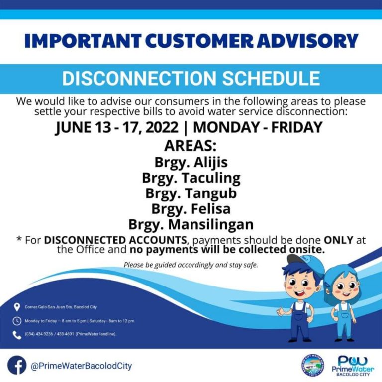 BACIWA-PrimeWater Bacolod City Disconnection Schedule on June 13-17, 2022