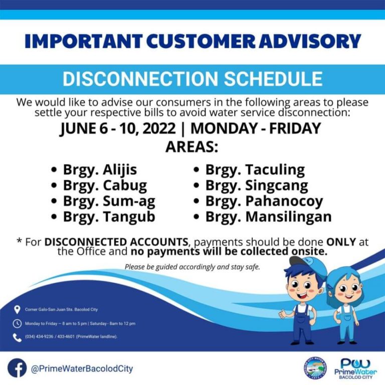 BACIWA-PrimeWater Bacolod City Disconnection Schedule on June 6-10, 2022