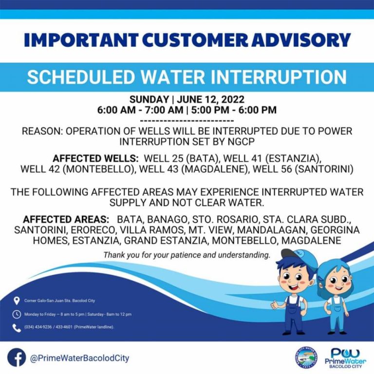 BACIWA-PrimeWater Bacolod City Scheduled Water Interruption – June 12, 2022