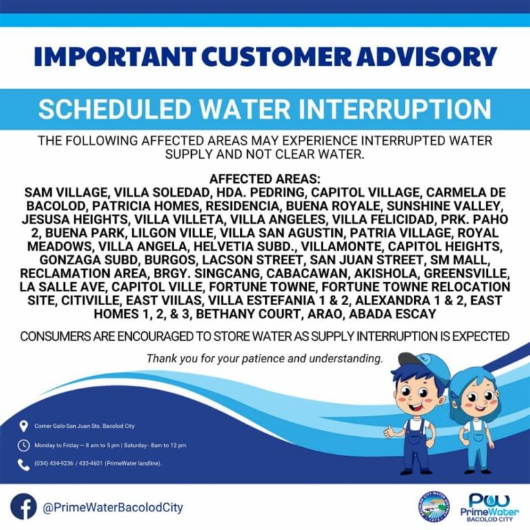 BACIWA-PrimeWater Bacolod City Scheduled Water Interruption – June 12, 2022 - DUE TO SCHEDULED POWER INTERRUPTION SET BY NGCP