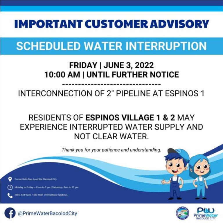 BACIWA-PrimeWater Bacolod City Scheduled Water Interruption – June 3, 2022