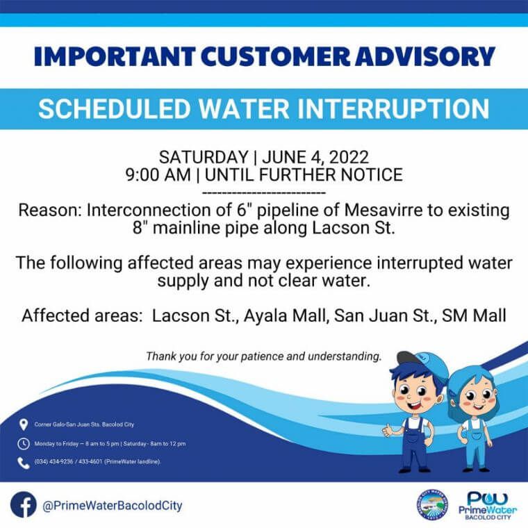 BACIWA-PrimeWater Bacolod City Scheduled Water Interruption – June 4, 2022