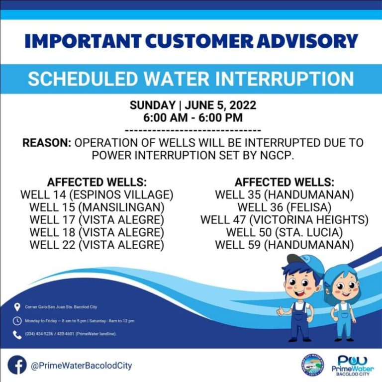 BACIWA-PrimeWater Bacolod City Scheduled Water Interruption – June 5, 2022