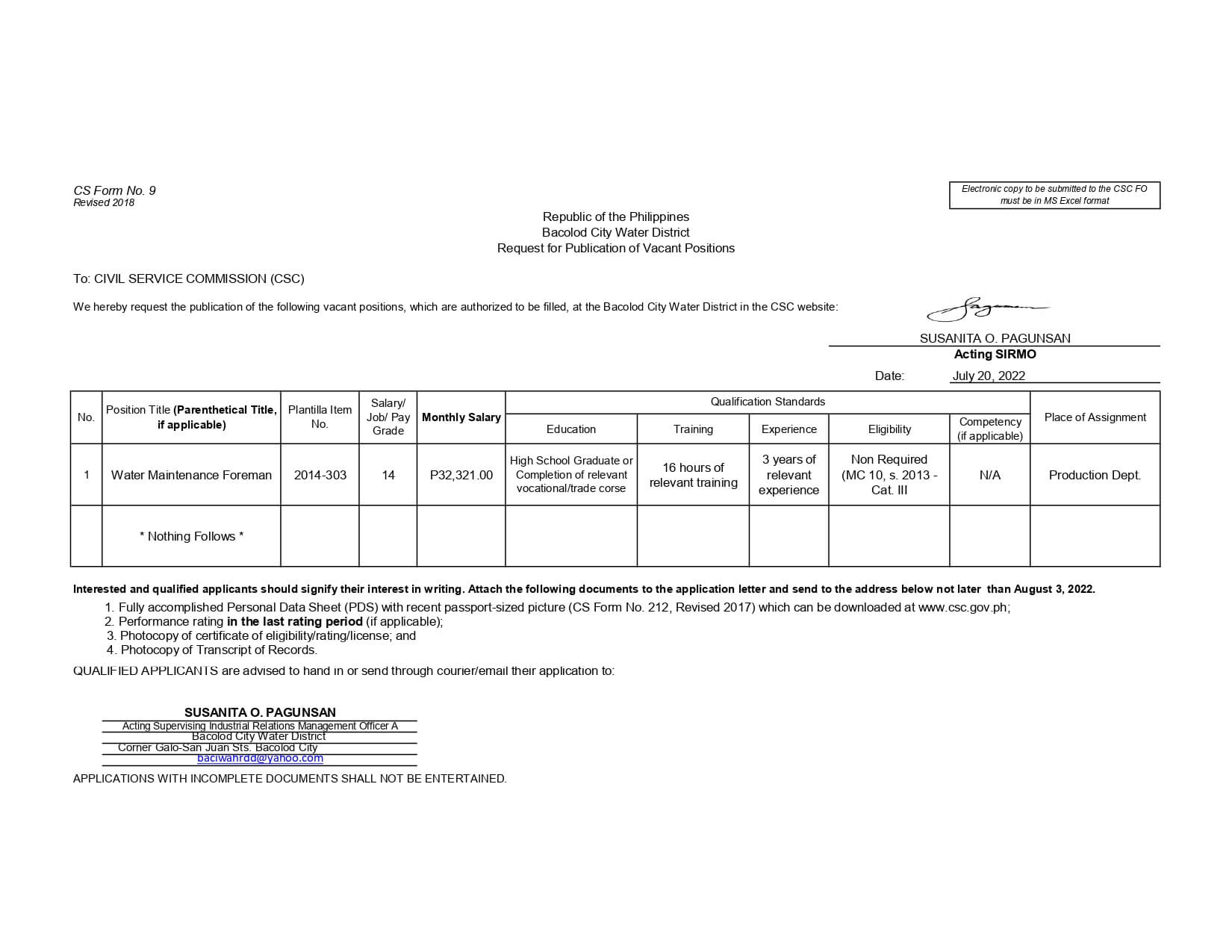 Publication of Vacant Positions – July 20, 2022 - BACIWA - Bacolod City ...