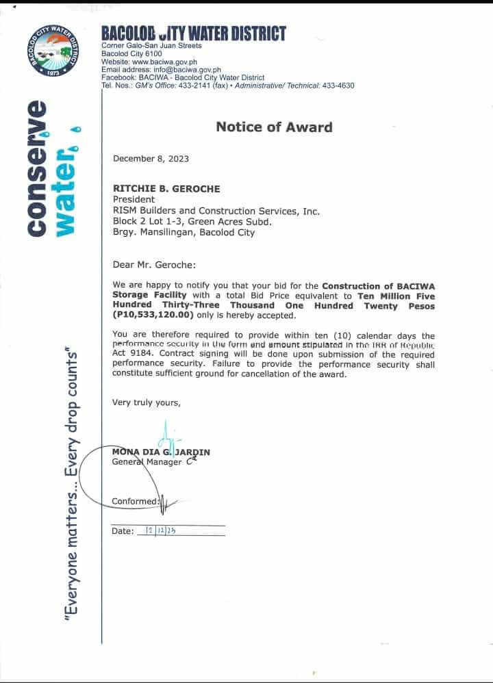 Notice of Award: Construction of BACIWA Storage Facility