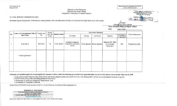 Publication of Vacant Positions – July 5, 2024