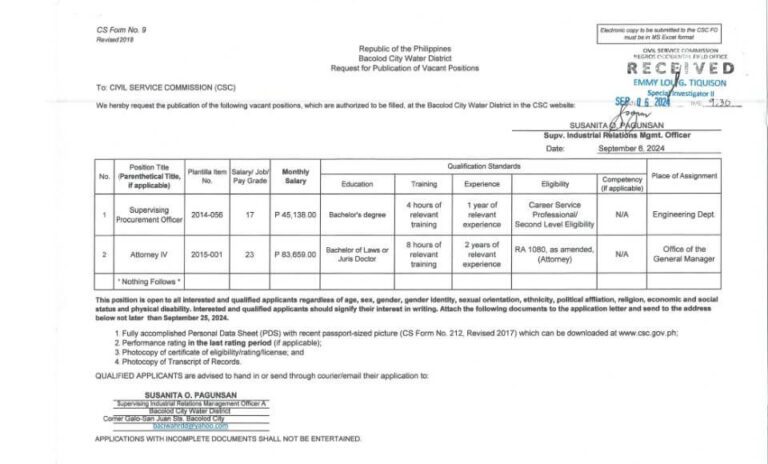 Publication of Vacant Positions – September 6, 2024