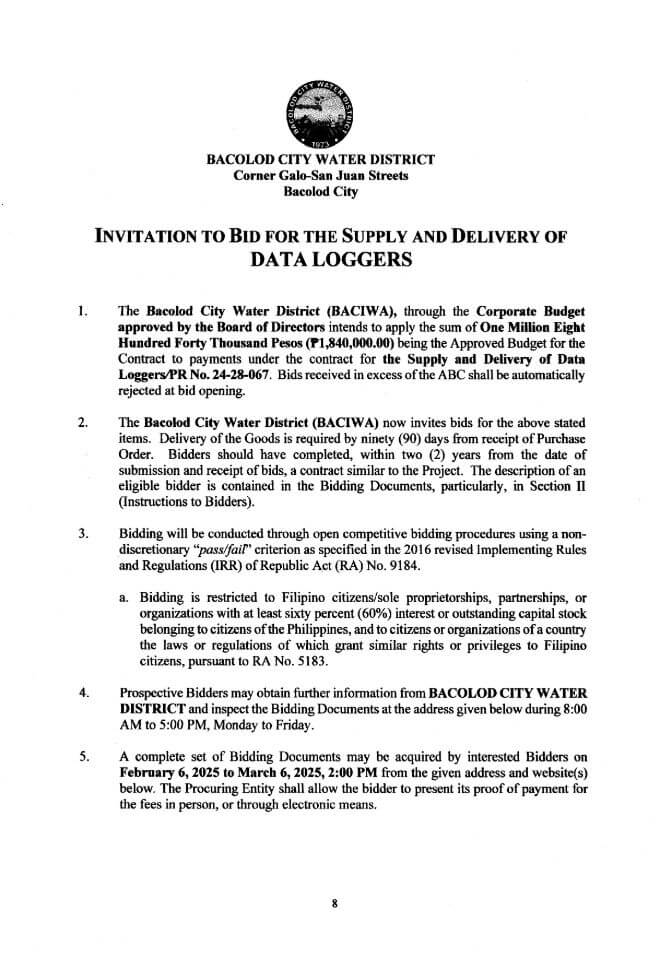 INVITATION TO BID FOR THE SUPPLY AND DELIVERY OF DATA LOGGERS