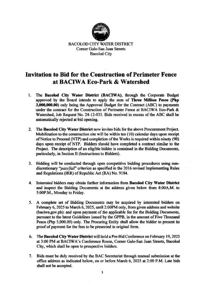 INVITATION TO BID FOR THE CONSTRUCTION OF PERIMETER FENCE AT BACIWA ECO-PARK & WATERSHED