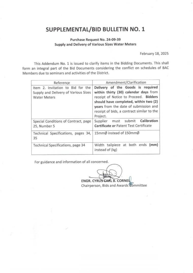 SUPPLEMENTAL/BID BULLETIN NO. 1 - Purchase Request No. 24-09-39