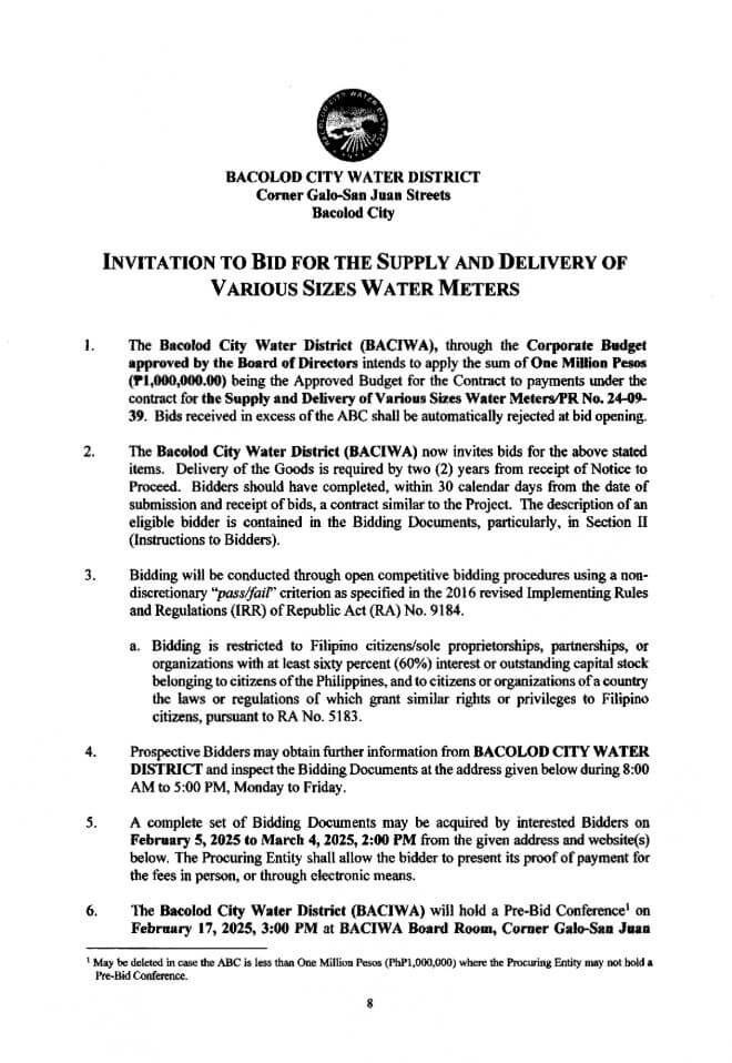 INVITATION TO BID FOR THE SUPPLY AND DELIVERY OF VARIOUS SIZES WATER METERS